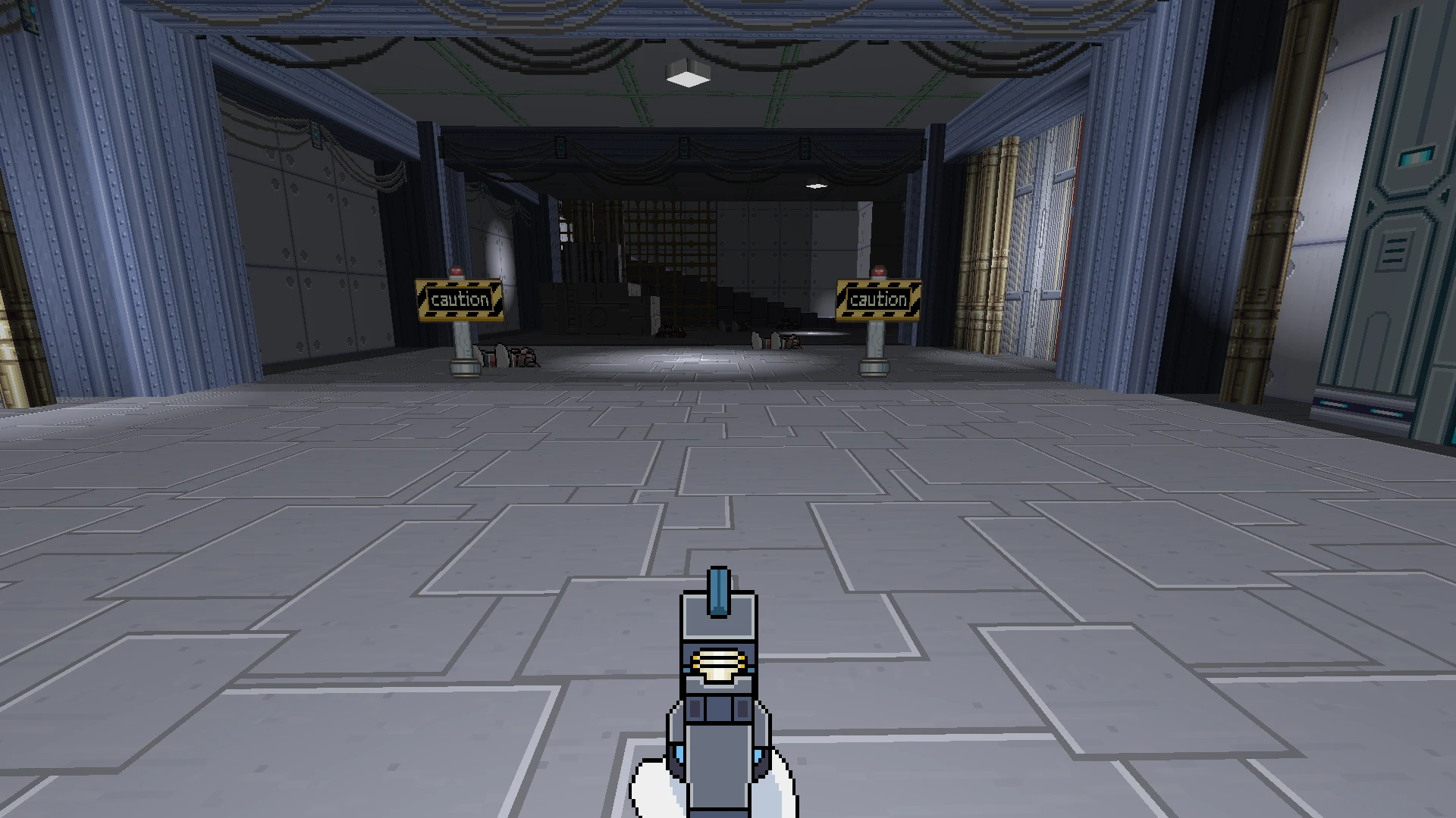 First-person view holding futuristic weapon in industrial sci-fi hallway with caution signs