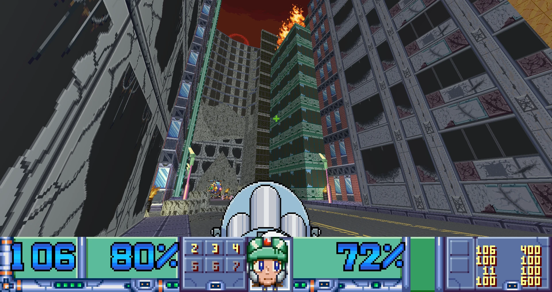 First-person view of a city street with pixelated buildings and a large gun barrel in the foreground from Doom II mod The Maverick Hunter Chronicles