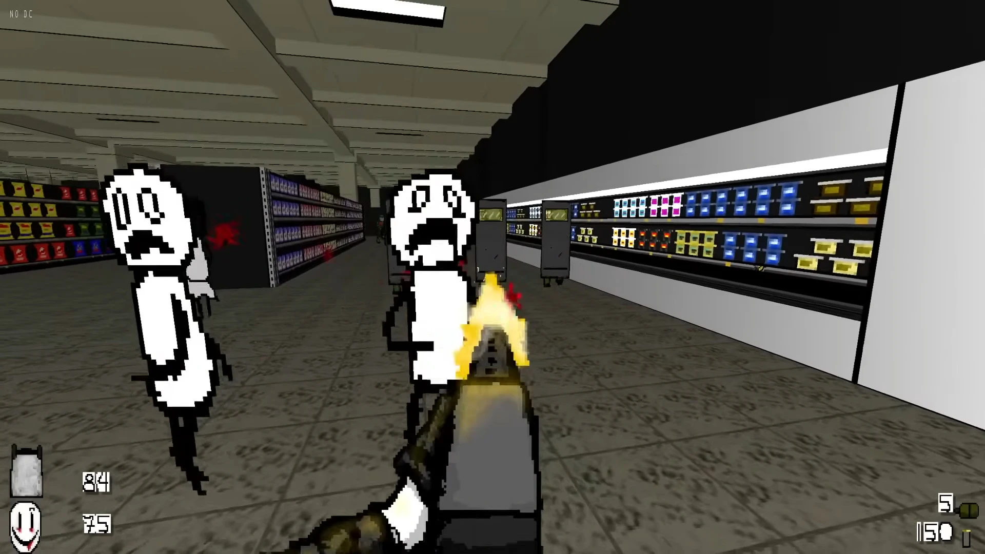 Сцена от первого лица из Doom II мод The Pink Valley с пиксельными белыми врагами в супермаркете