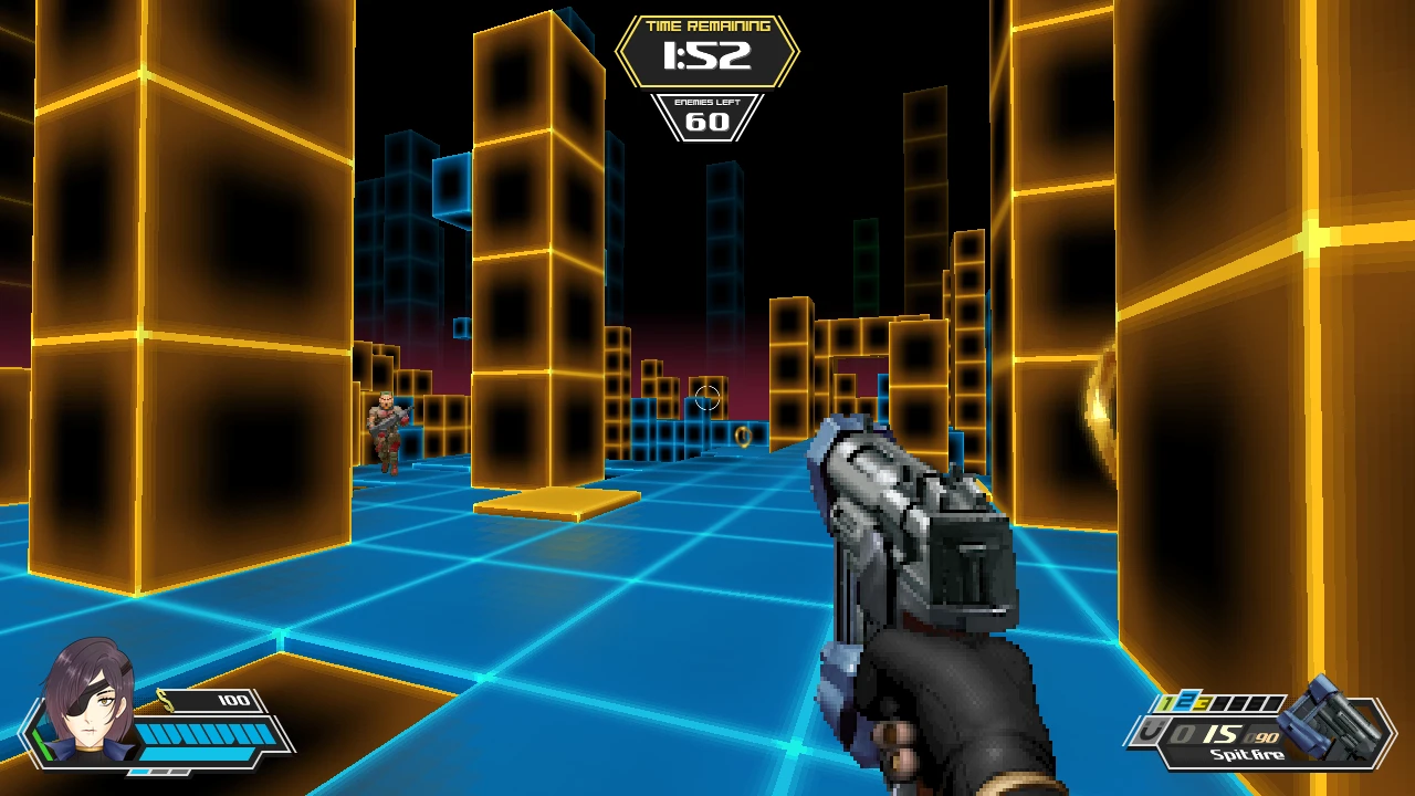 First-person view of a futuristic grid arena with orange grid pillars and a handgun aimed ready to shoot