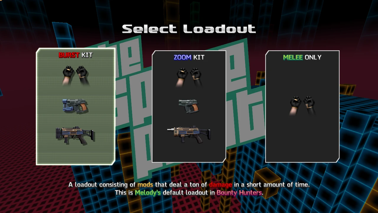 Loadout selection screen showing Burst, Zoom, and Melee kits with different weapons and fists