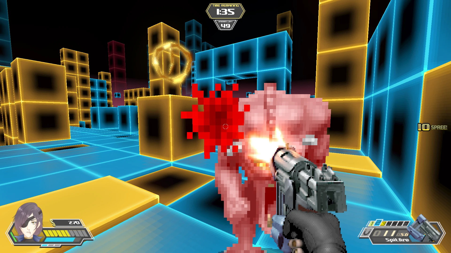 First-person view shooting gameplay in neon-lit retro futuristic maze against pixelated demon