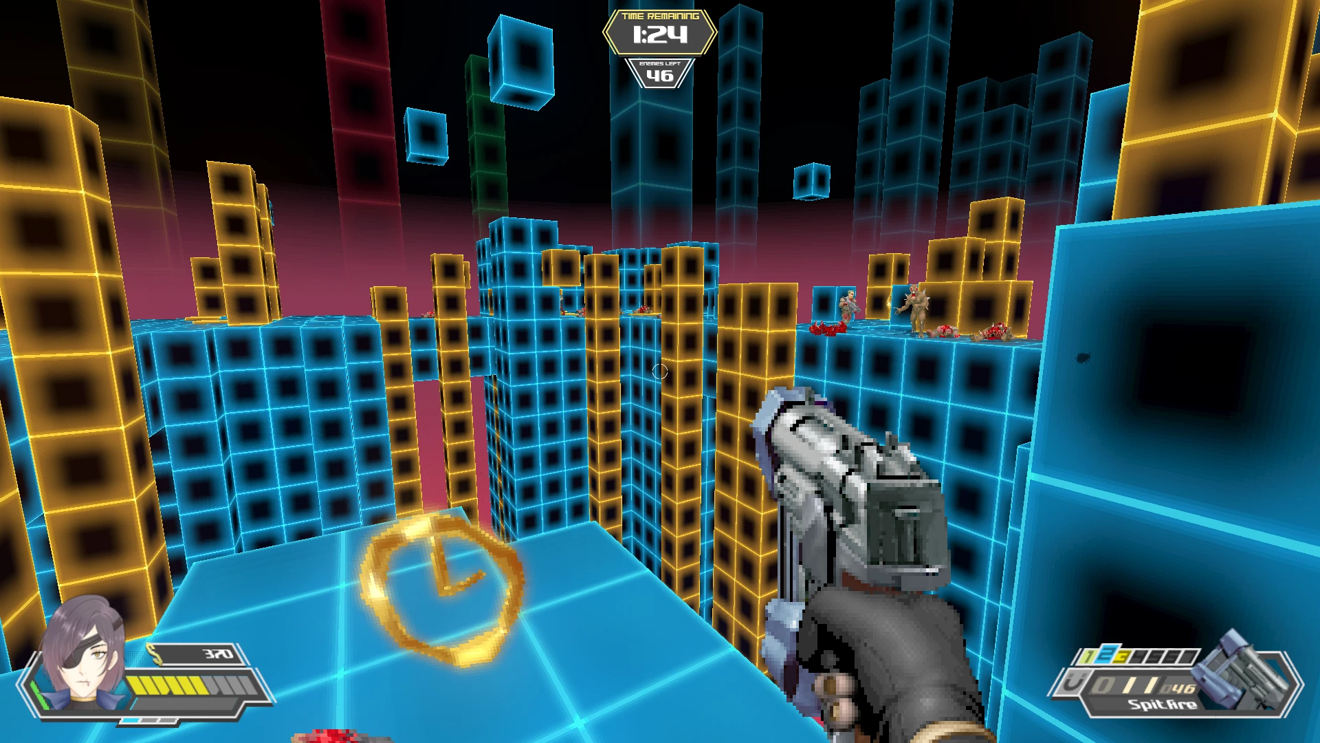 Player holding Spitfire gun in a neon-lit 3D block arena with enemy count and timer in Doom II mod