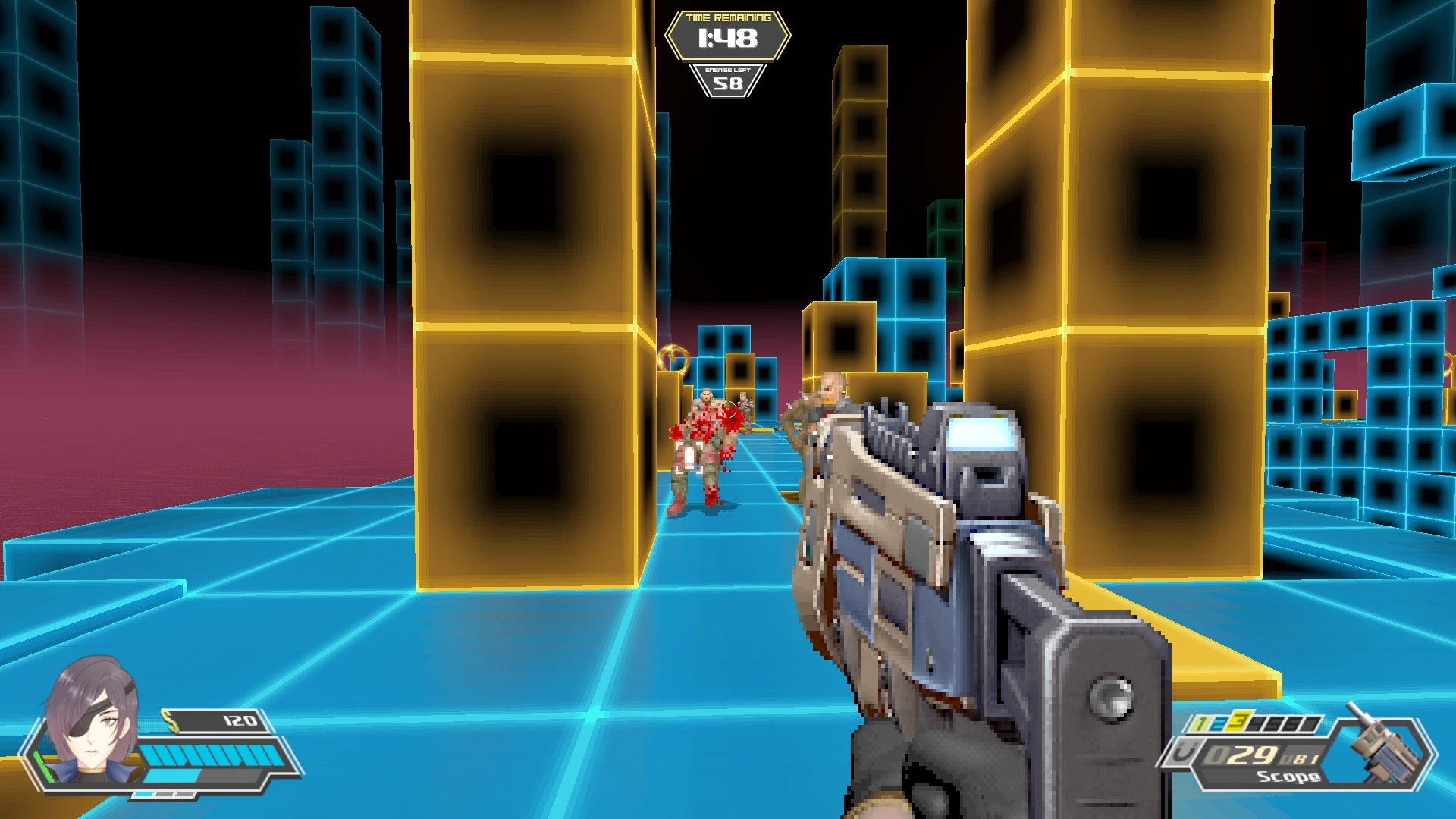 First-person view of player shooting enemies in a neon-colored grid environment with timer and ammo HUD