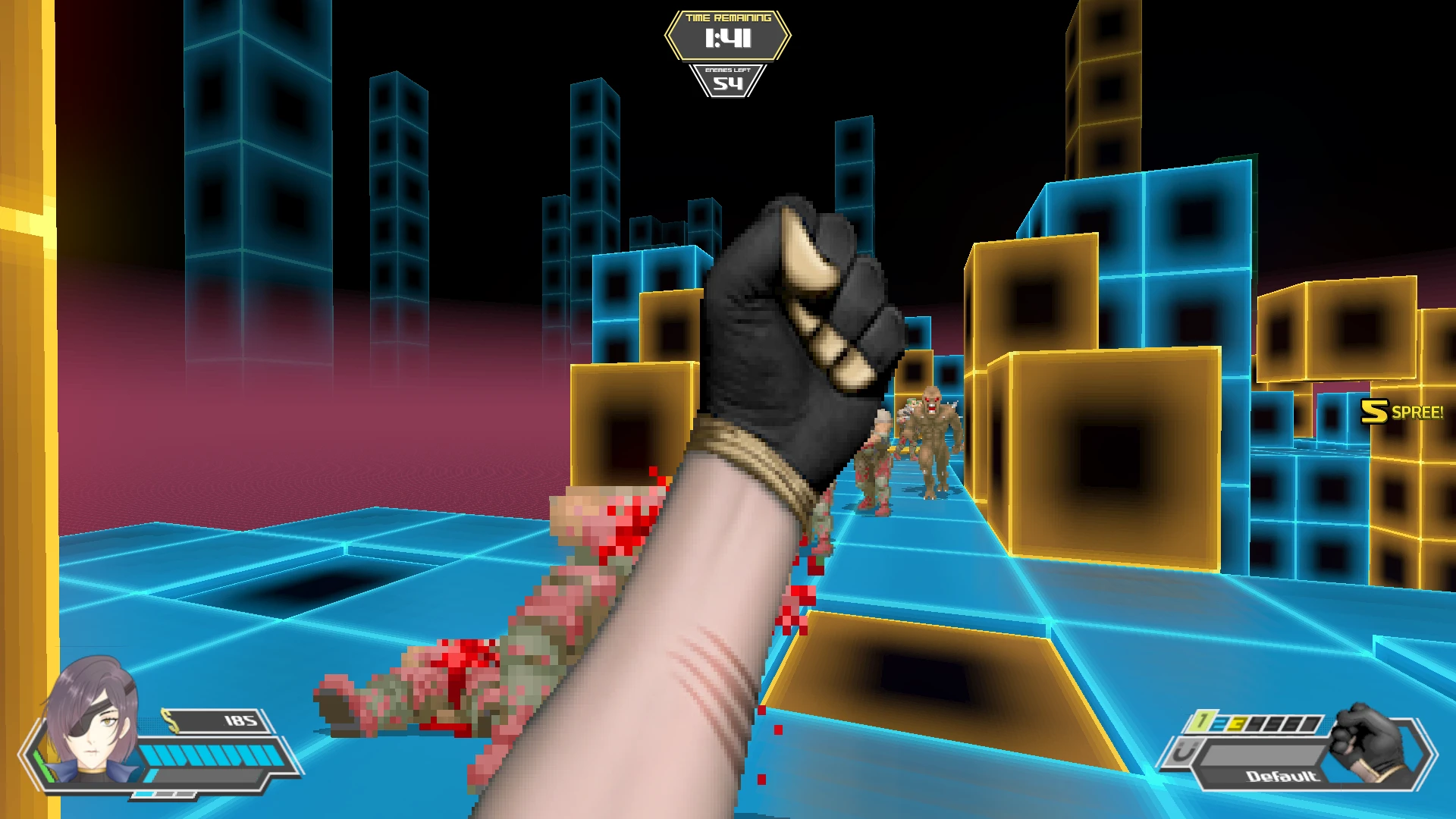 Player's fist raised in pixel art style arena with monsters and futuristic glowing blocks in The Space Pirate mod