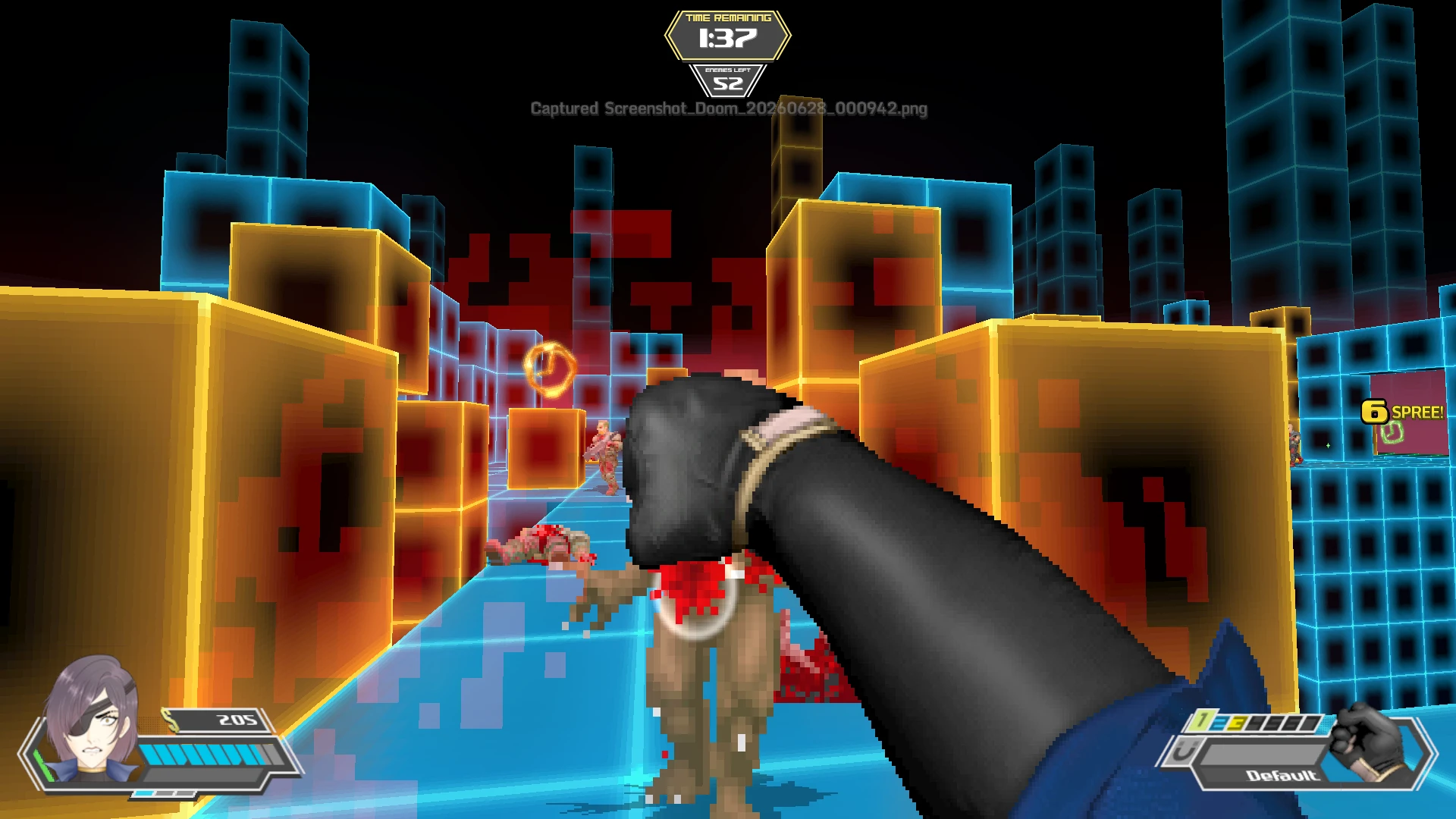 First-person view punching a zombie with pixelated yellow and blue blocky structures in The Space Pirate mod