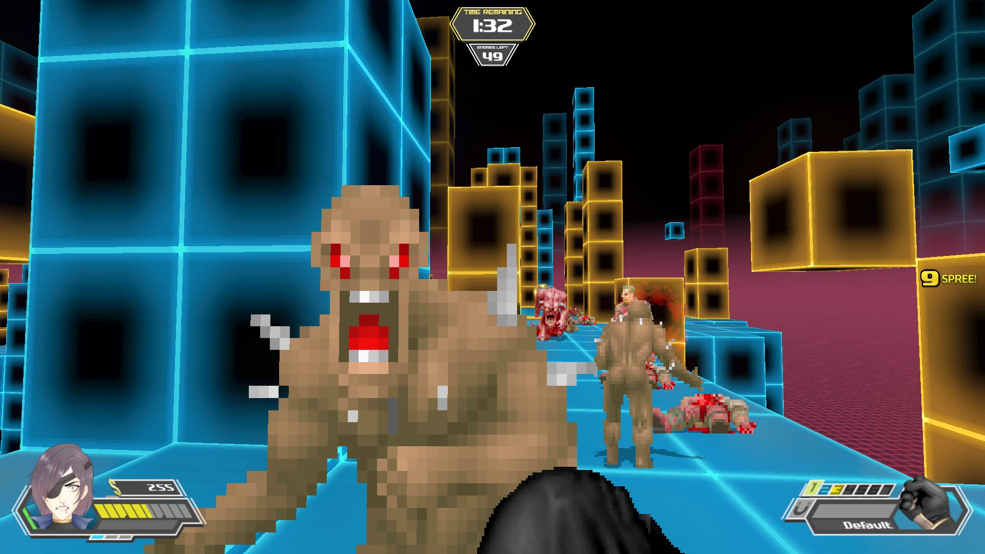 First-person view of pixelated Doom II enemies attacking in neon-lit block environment with HUD showing timer and health