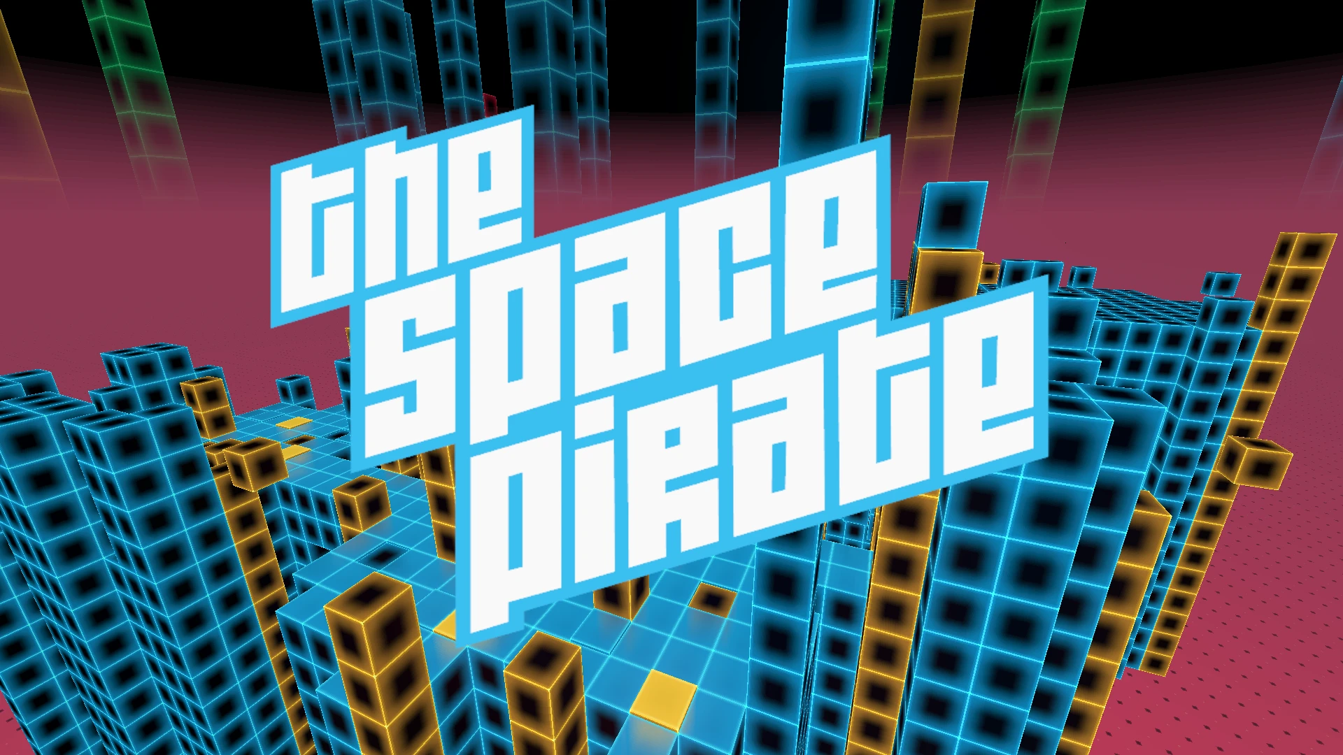 3D futuristic city made of glowing blue and yellow blocks with The Space Pirate logo floating