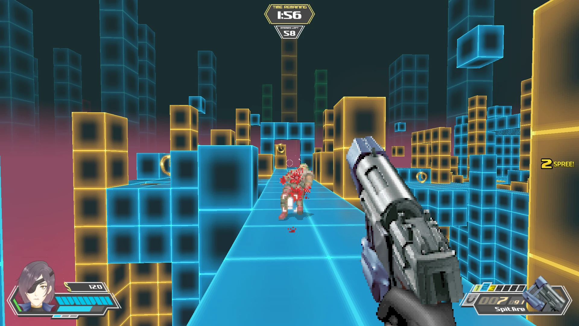 First-person view of a player shooting in a glowing blue and yellow block maze with HUD showing time and ammo in Doom II mod