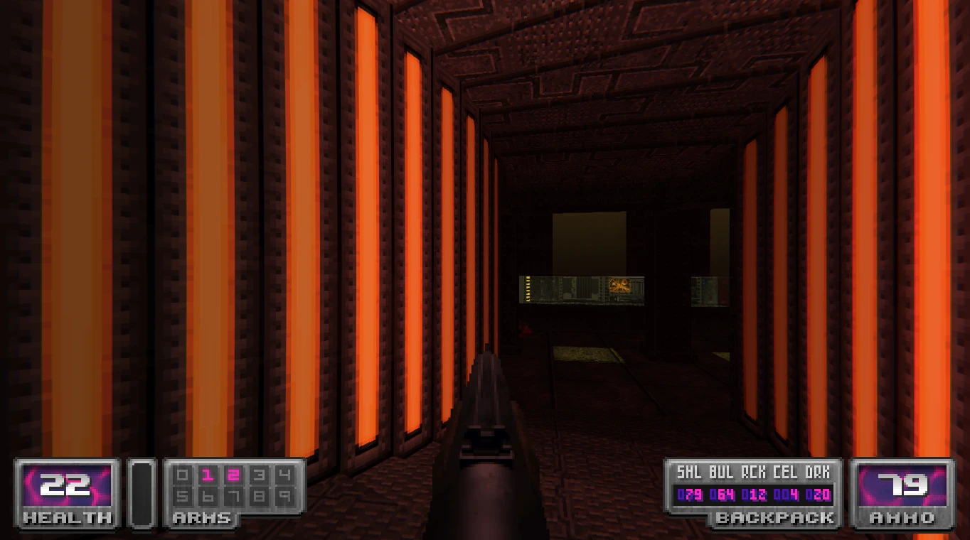 First-person view of a shotgun aiming down a dark corridor with orange vertical lights and HUD showing health and ammo