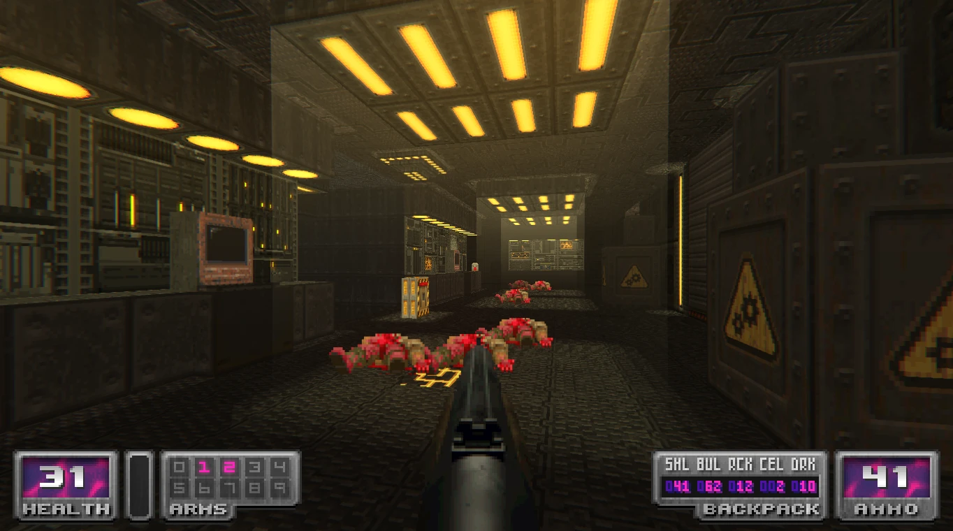 First-person view of a shooter in a dark futuristic corridor with dead enemies and weapon UI from Doom II Time Tripper mod