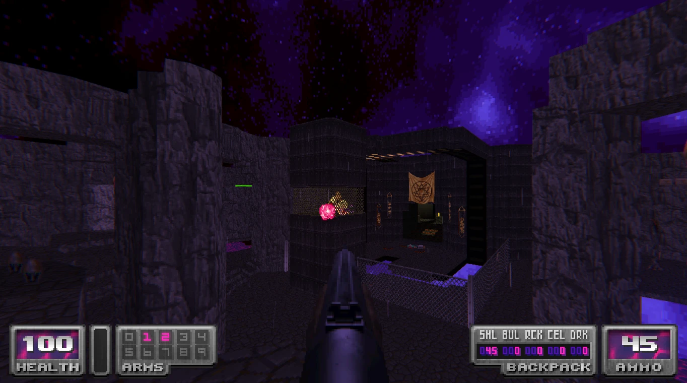 First-person shotgun view in a dark rocky sci-fi map with glowing pickups and a pentagram banner in Doom II mod Time Tripper
