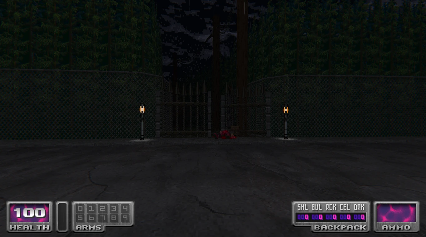 Dark street scene with chain link fences, lamps, and player HUD showing health in Doom II mod Time Tripper