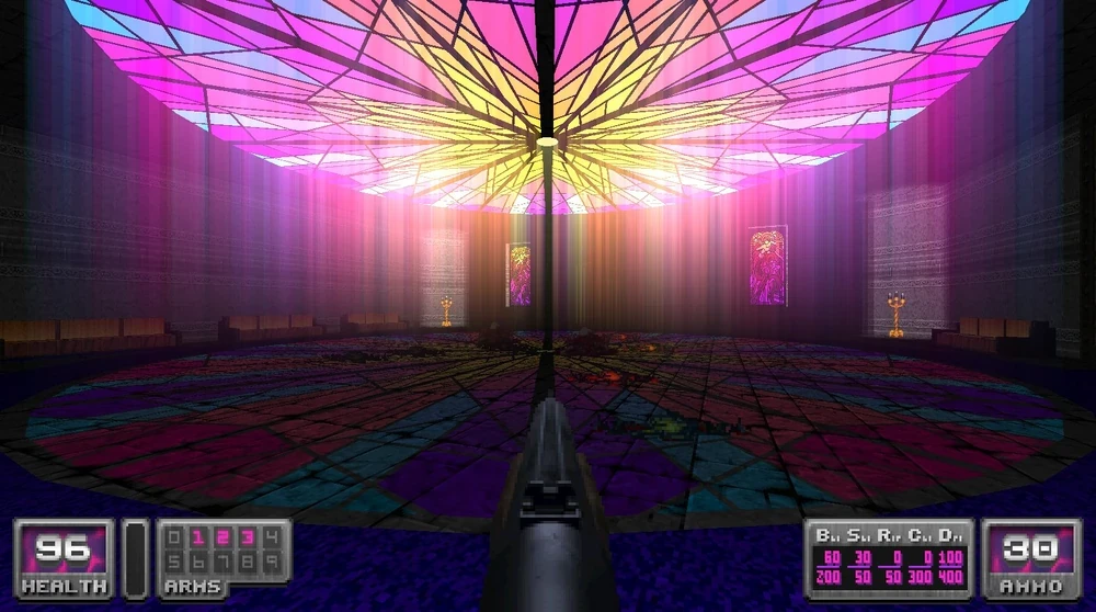 First-person view of a shotgun aimed inside a circular room with vibrant stained glass ceiling in Doom II Time Tripper
