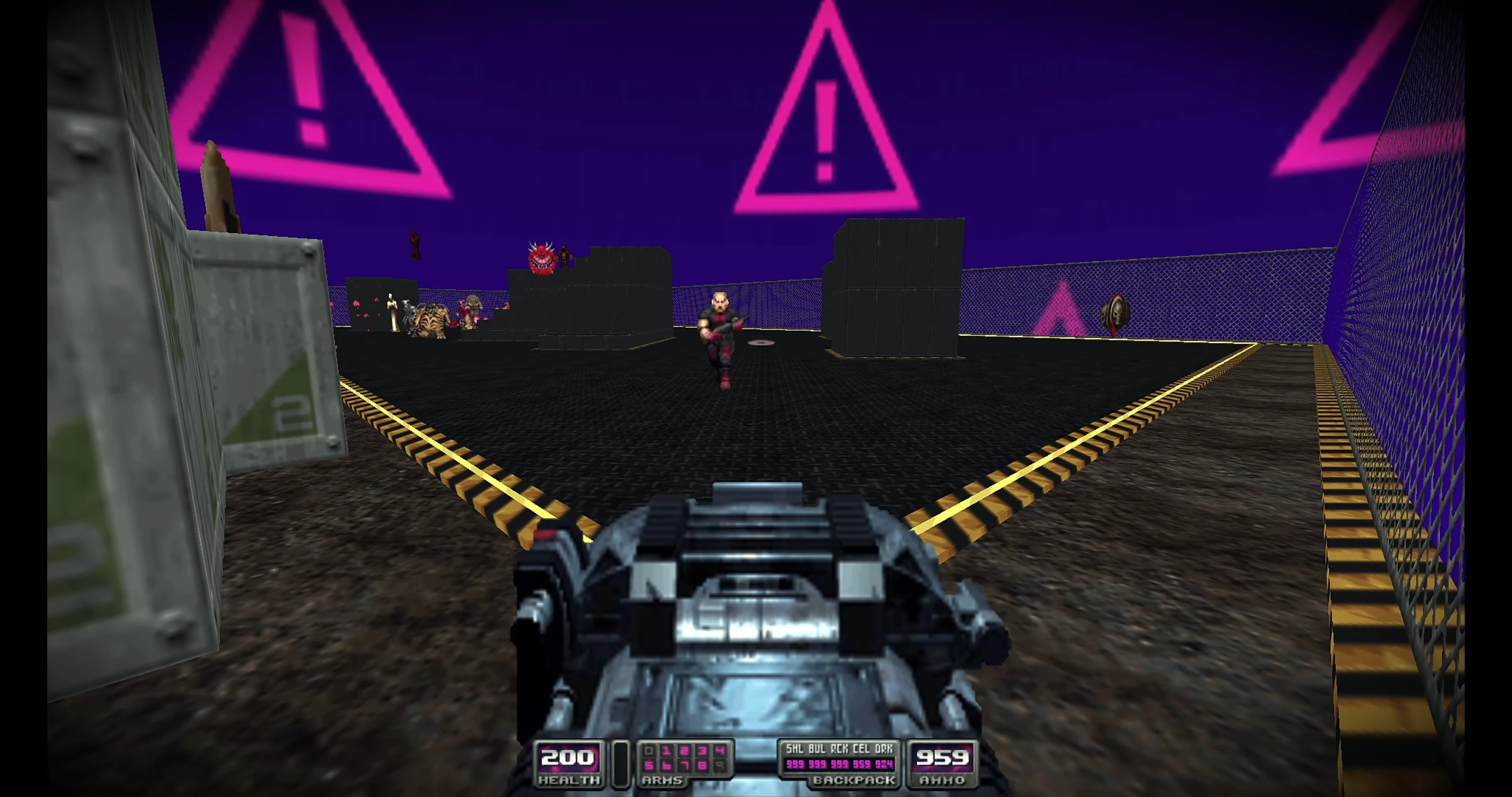 First-person view of Doom II gameplay mod Time Tripper showing a player holding a futuristic gun approaching enemies on a platform