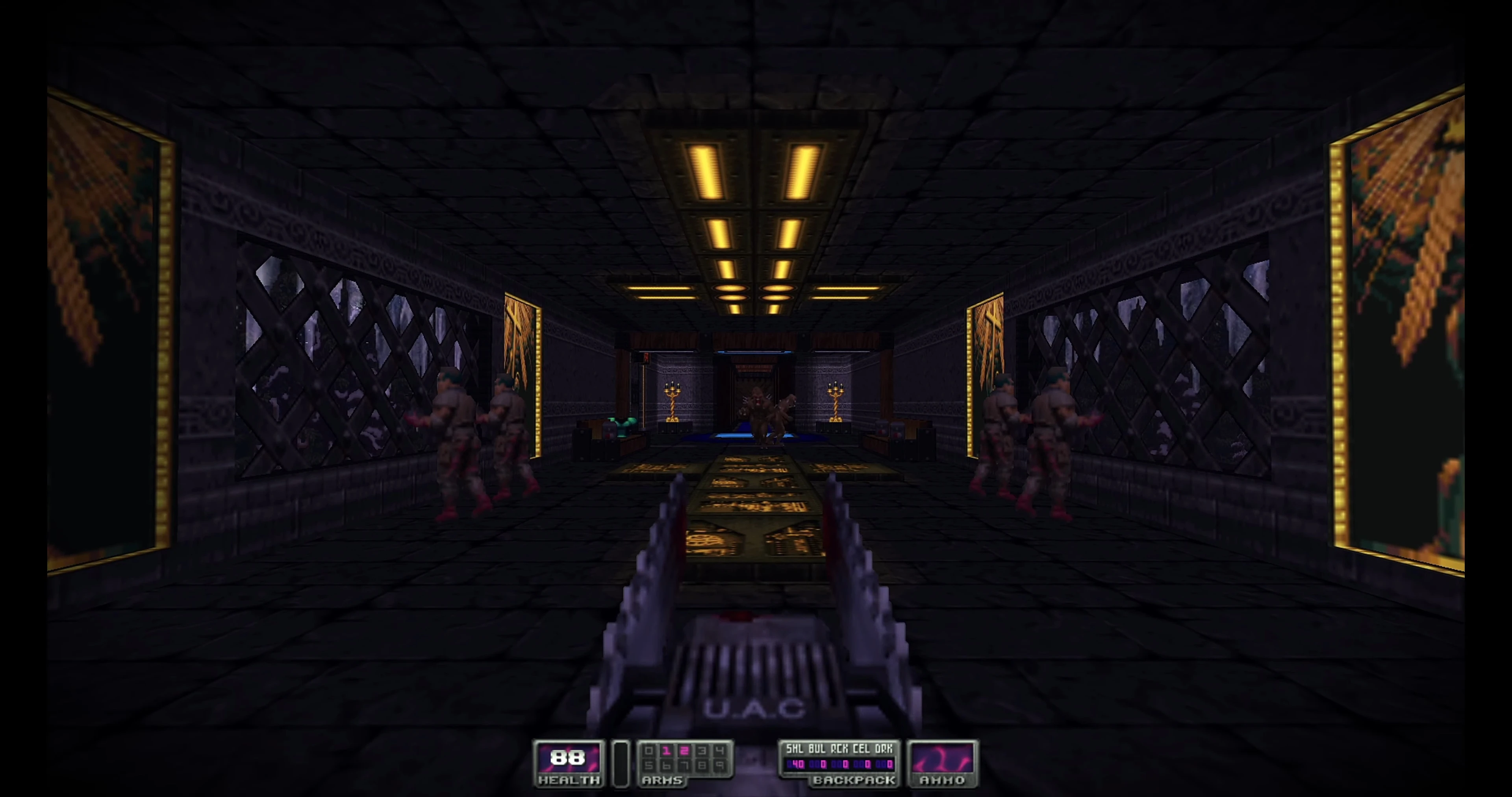 First-person view of player armed with chainsaw facing multiple enemies in dark corridor with glowing lights in Time Tripper mod for Doom II