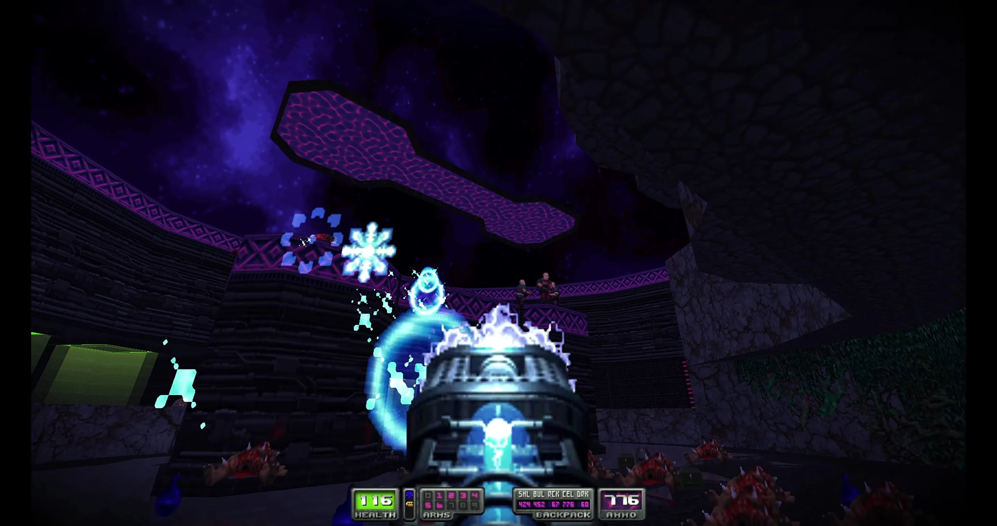 Player firing energy weapon in a dark futuristic arena with glowing purple elements in Doom II Time Tripper mod