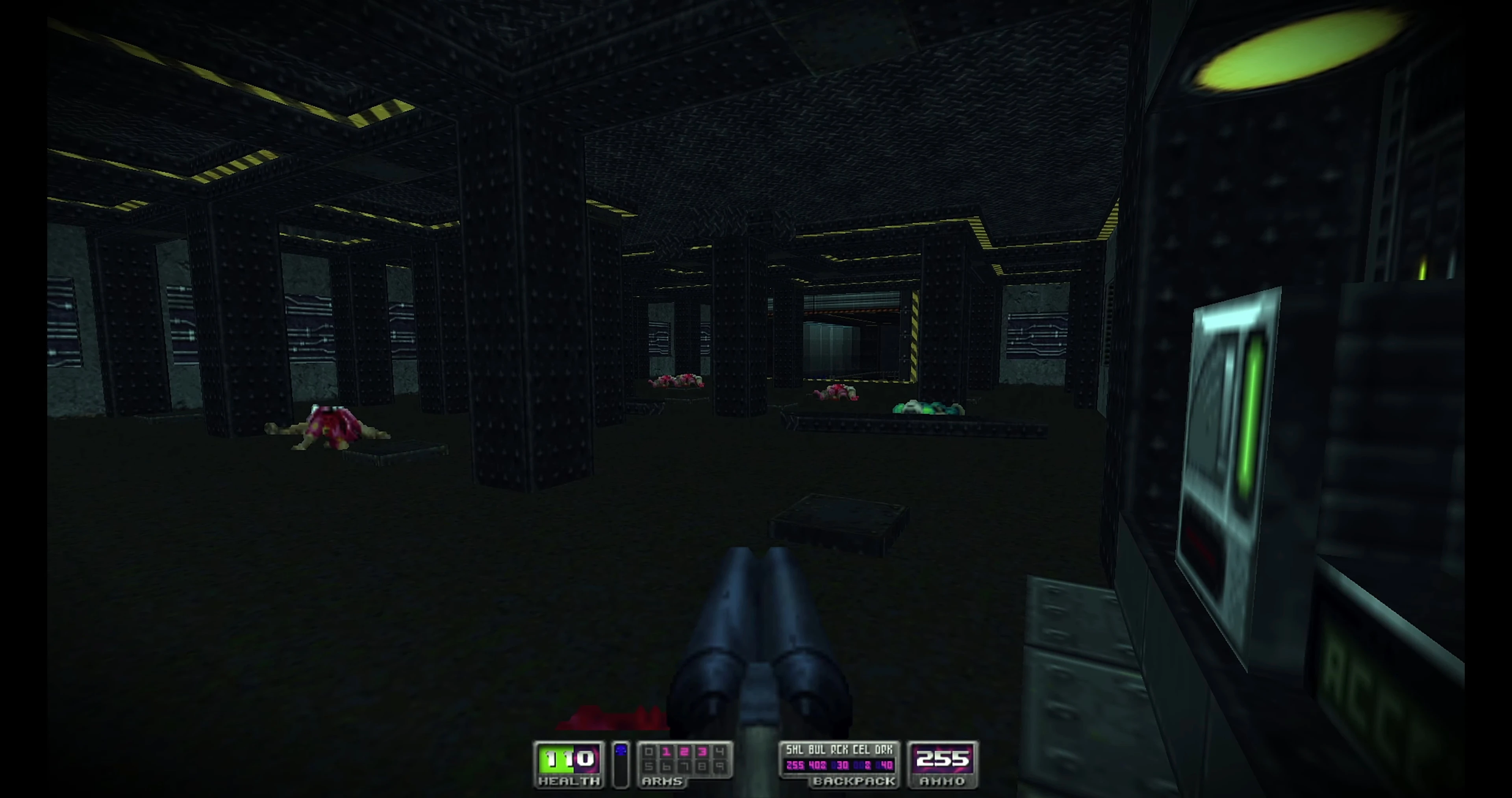 First-person view in Doom II Time Tripper mod showing shotgun in dark industrial environment with dead enemies