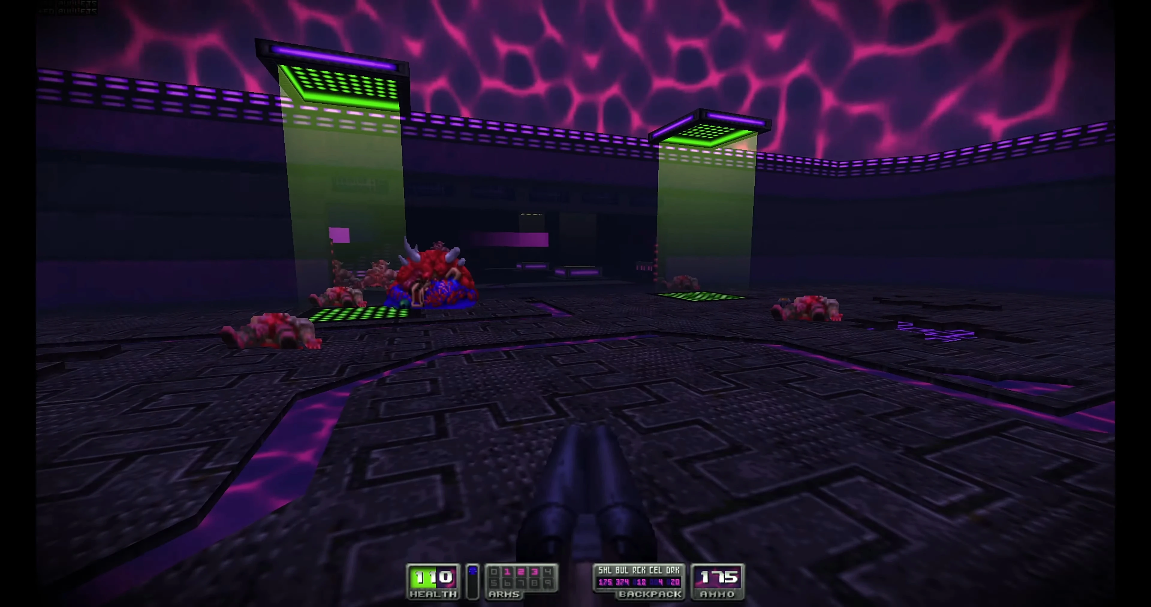 First-person view in Doom II mod Time Tripper features a dark arena with neon green lights and defeated monsters on the floor