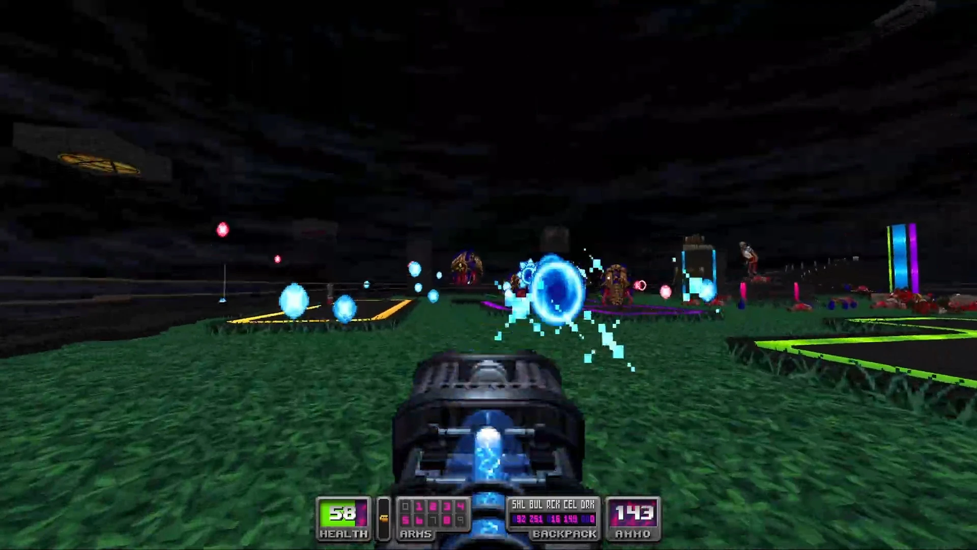 First-person view in Doom II mod Time Tripper showing energy weapon firing at enemies in dark arena