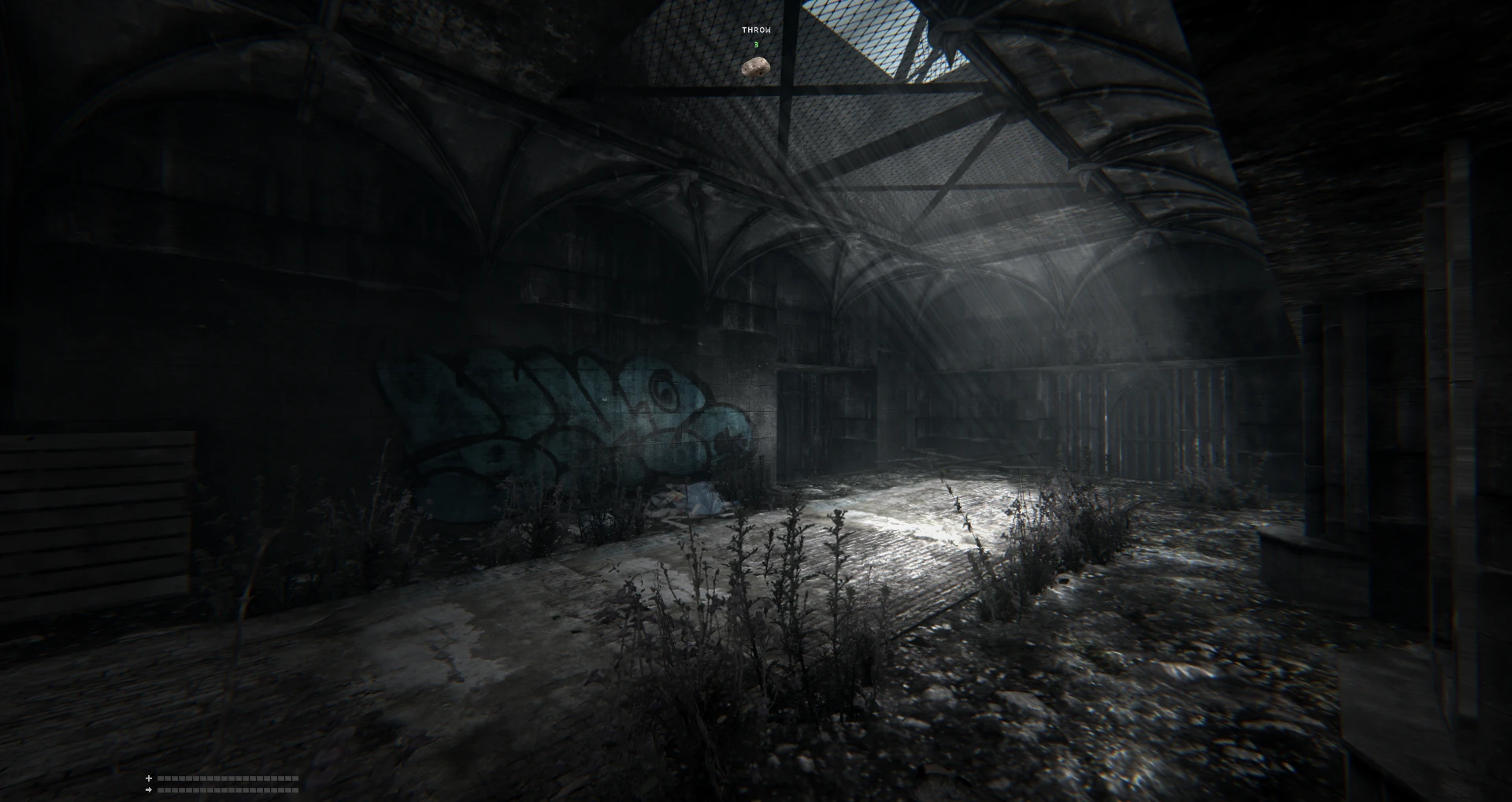 Ponury korytarz wewnętrzny z graffiti i promieniami światła prześwitującymi przez metalową siatkę w Doom II Total Chaos