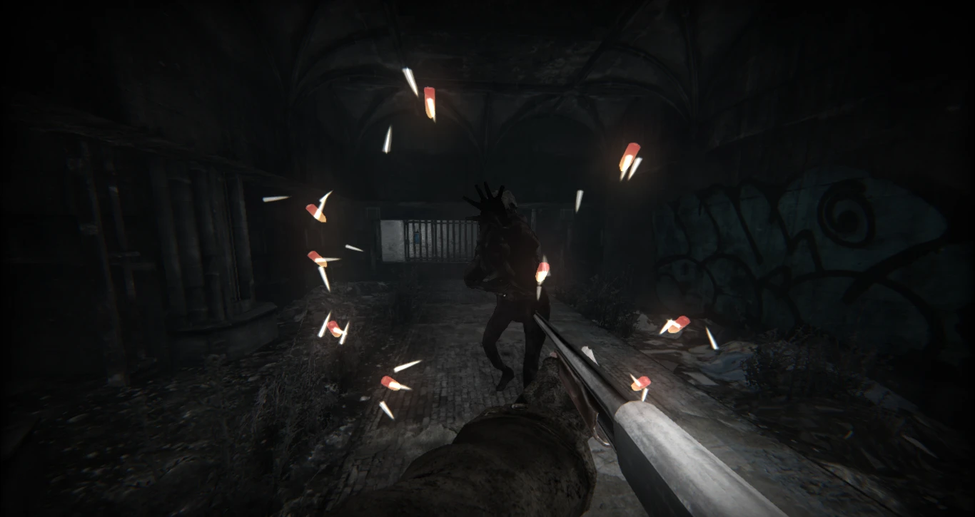 Widok z perspektywy pierwszej osoby podczas strzału z dubeltówki w ciemnego zmutowanego stwora w słabo oświetlonym podziemnym korytarzu