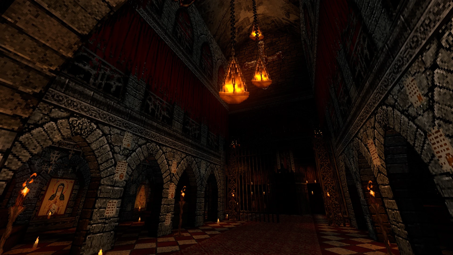 Dimly lit gothic stone corridor with hanging chandeliers and torches in Doom II mod map