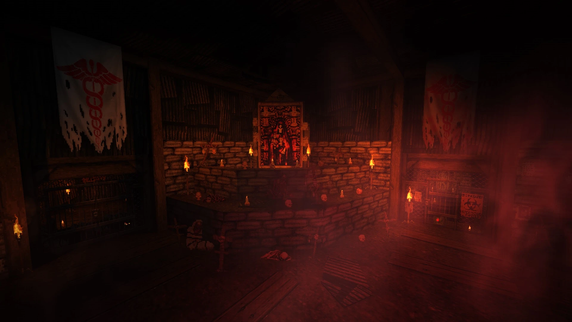 Dimly lit chamber with stone altar, skulls, candles, glowing torches, and ritual banners in Doom II mod