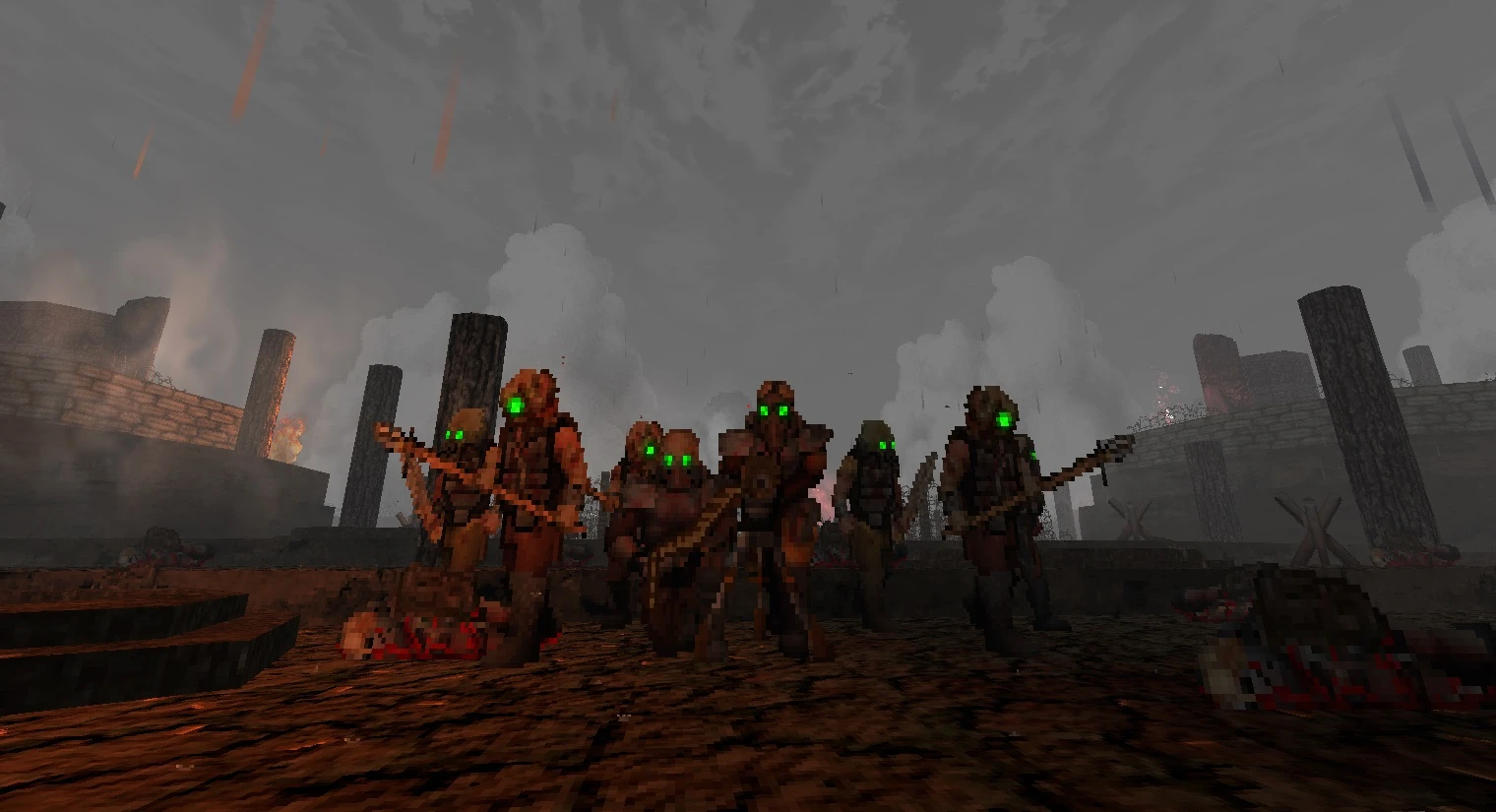 Pixelated soldiers with glowing green eyes armed with rifles in a dark, foggy battlefield from Doom II mods