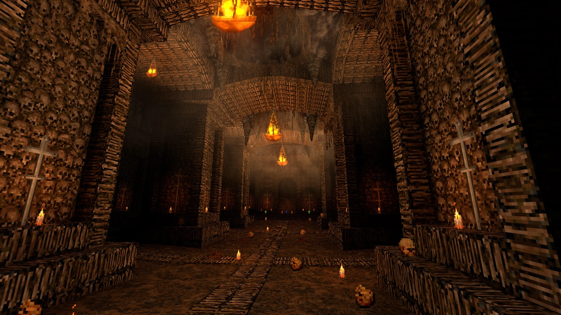 Interior of a dark gothic cathedral with candles, skulls on the floor, and hanging chandeliers in Doom II mod