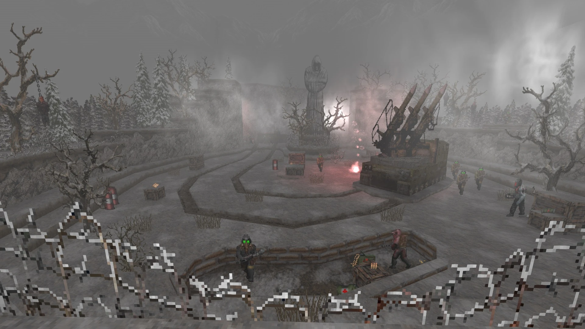 Foggy war zone with armored soldiers, missile launcher, barbed wire, and dead trees in Doom II mod