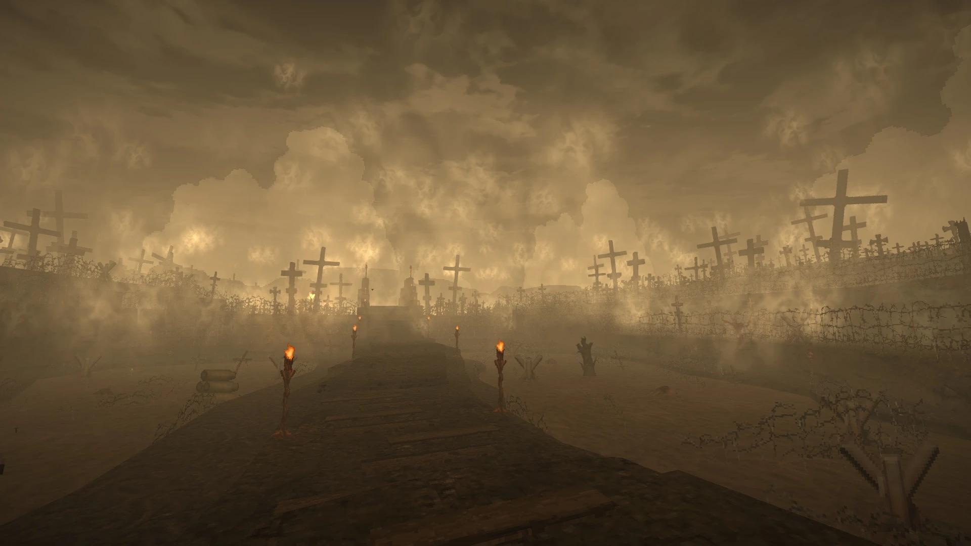 Foggy battlefield scene with wooden crosses, torches, barbed wire, and cloudy sky in Doom II mod