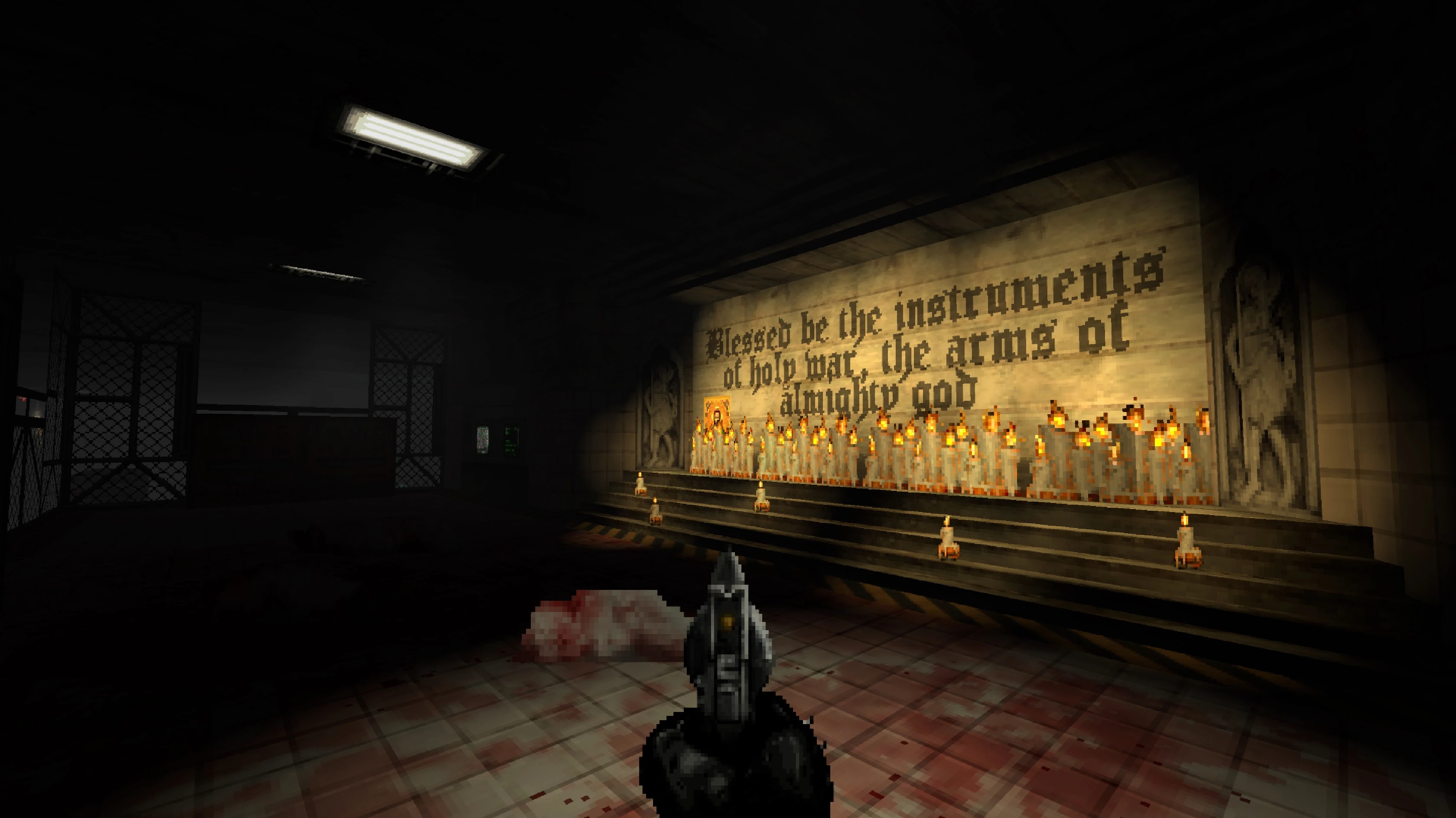 First-person view in Doom II mod showing a gun pointed inside a dark room with a wall of candles and religious text