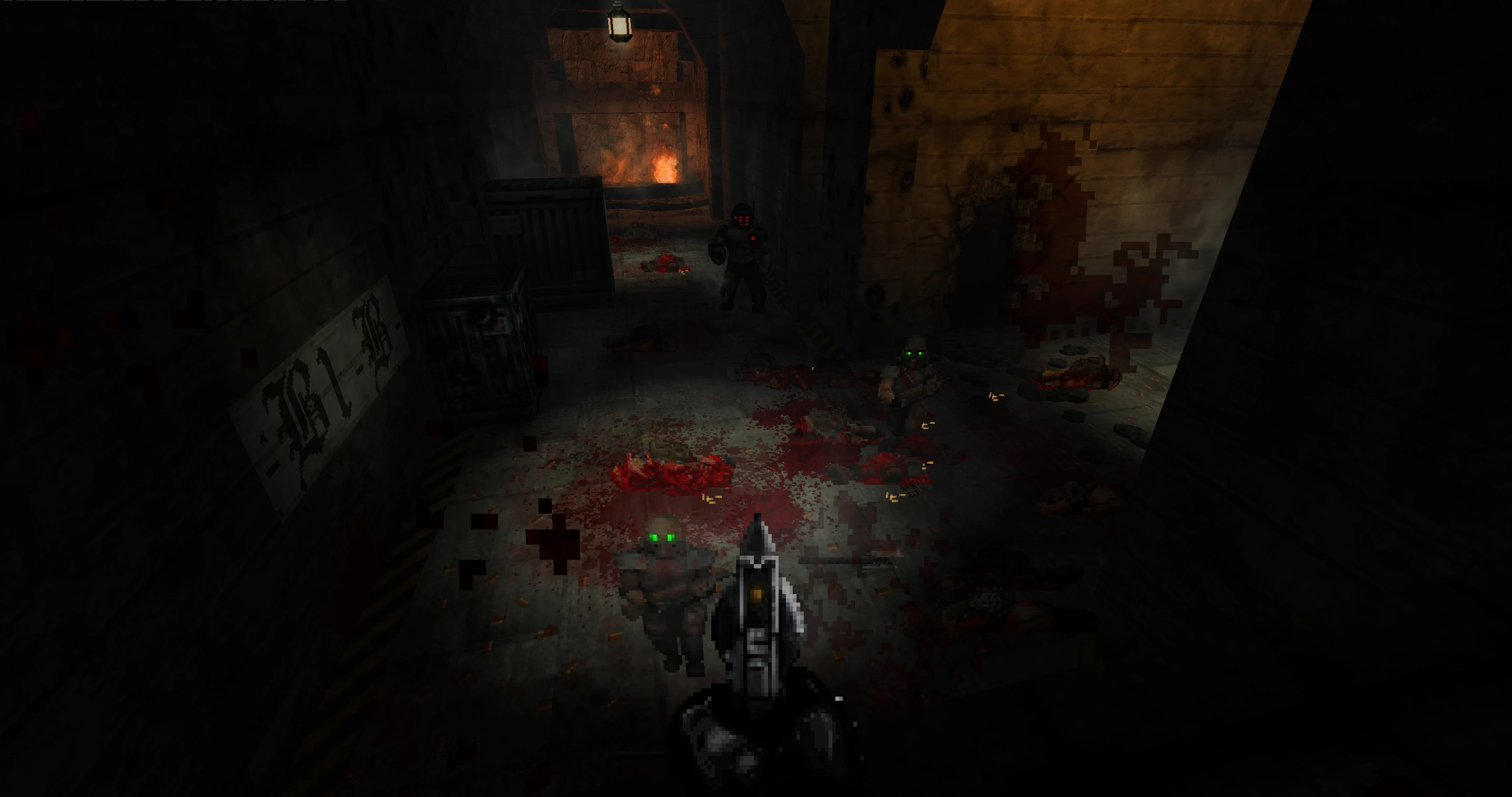 First-person shooter view aiming handgun at armed enemies with green and red glowing eyes in dark corridor