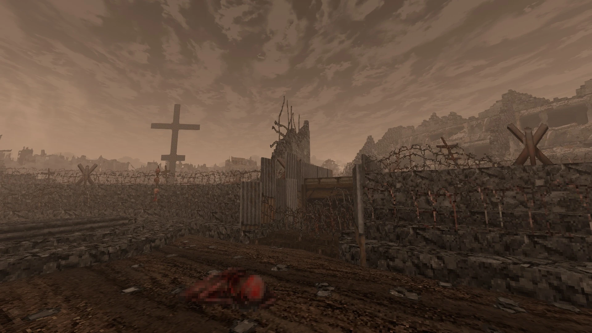 Pixelated Doom II mod screenshot showing barbed wire fences, ruined walls, and a cloudy sky in a trench battlefield