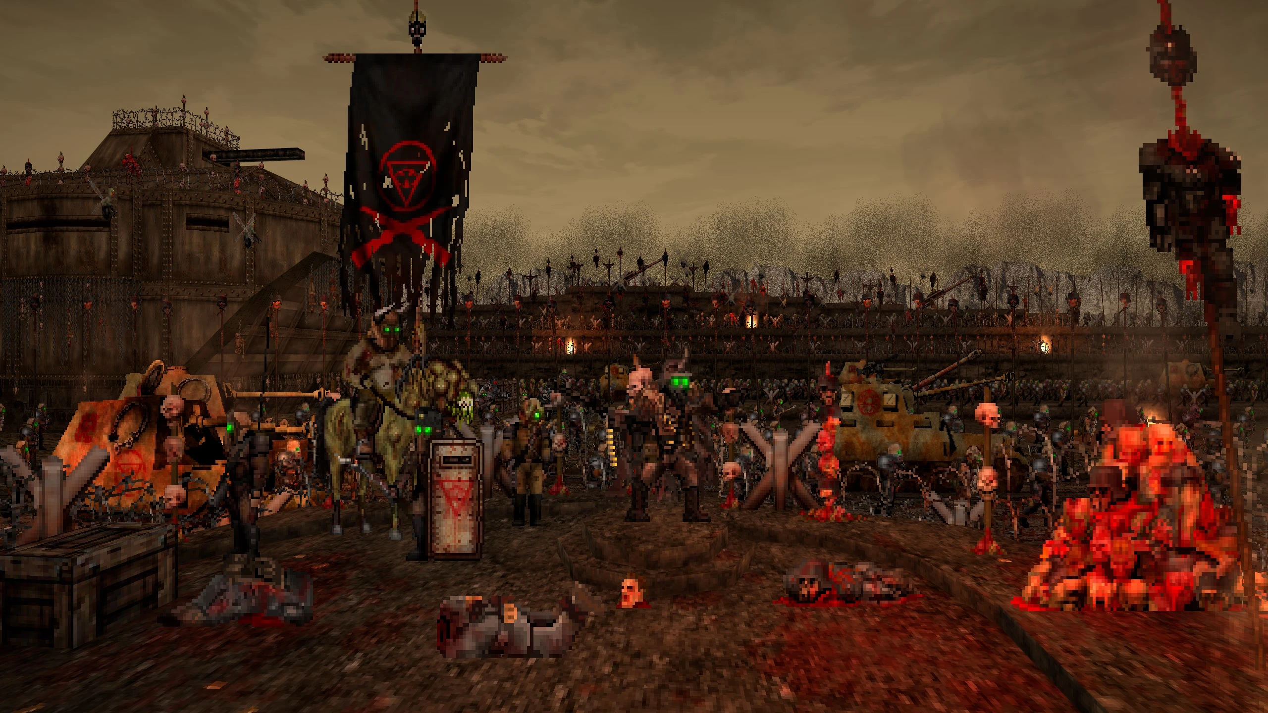 Doom II mod screenshot showing a dark battlefield with tortured figures, hanging corpses, and ominous flags