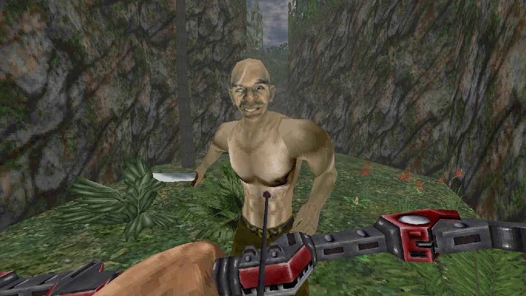 Player aims a bow at a shirtless man holding a knife in a jungle canyon environment in Doom II mod