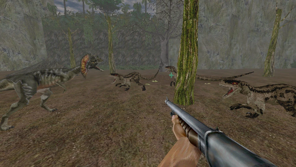 Player aiming shotgun at multiple aggressive dinosaurs in a forest environment in TurokDooM mod