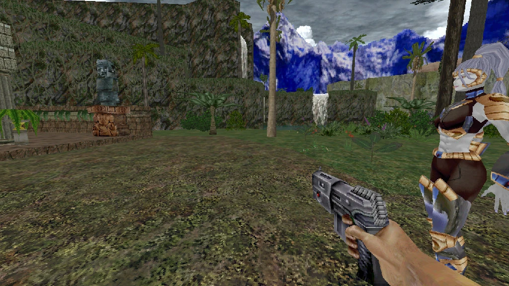 First-person view showing a futuristic pistol and armored female character in a lush jungle with ruins and mountains