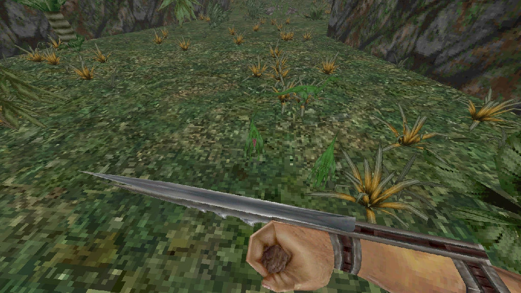First-person view holding a knife facing small dinosaurs in a jungle setting in TurokDooM mod