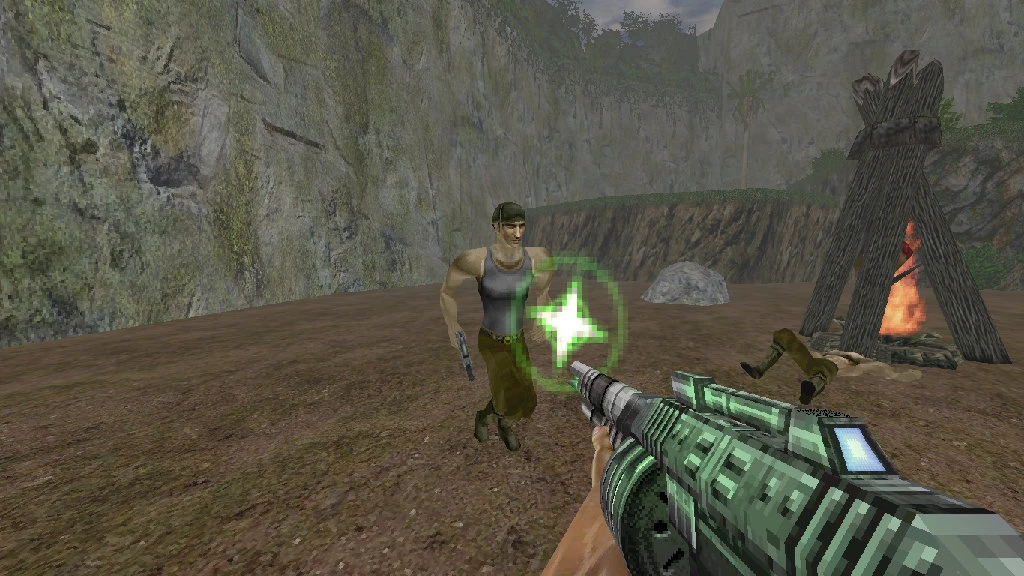 First-person view of futuristic gun shooting at armed man near campfire in rocky jungle area