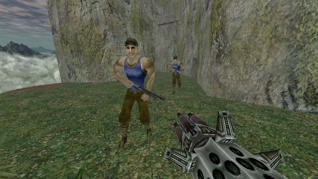 First-person view shooting at two armed enemies on grassy cliffside in Doom II TurokDooM mod