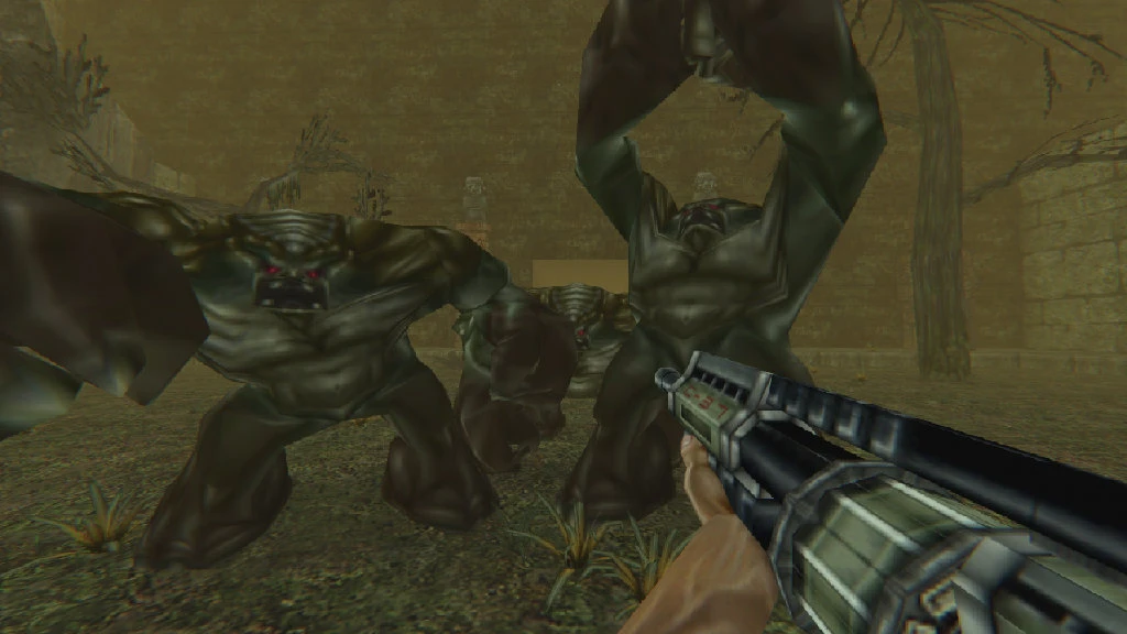 First-person view of player holding a weapon facing three large grotesque monsters in misty ruins