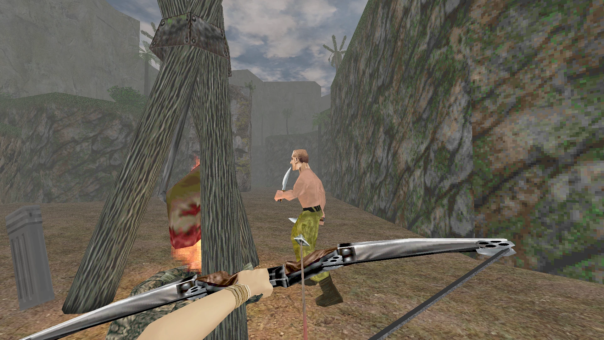 Player aiming a bow at a shirtless knife-wielding enemy in a rocky outdoor canyon in TurokDooM mod