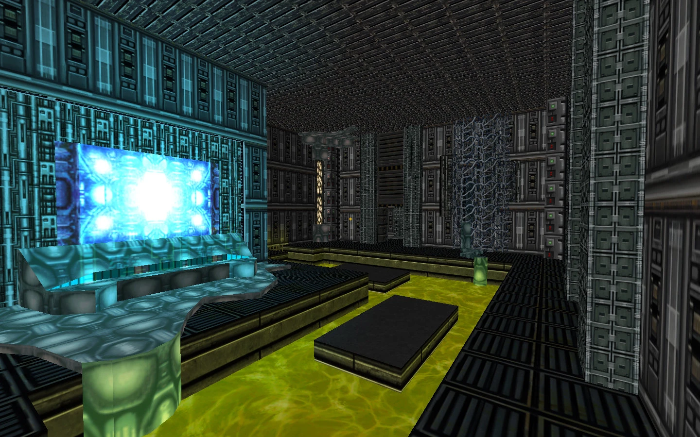 Screenshot of a high-tech room with glowing monitor and industrial design in Doom II TurokDooM mod
