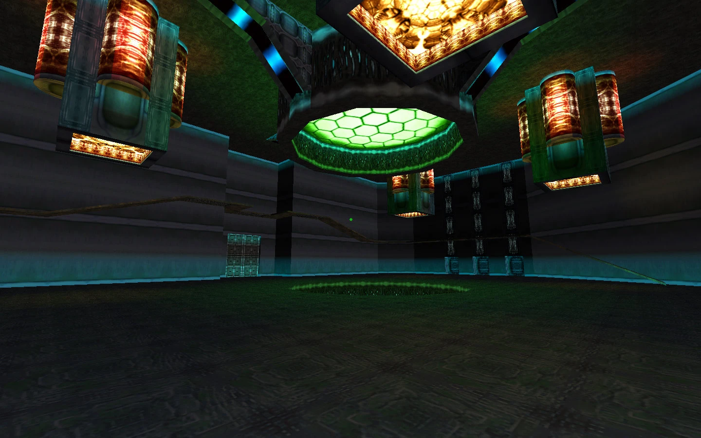A dark futuristic room features glowing hexagonal green light and orange cylindrical lights in TurokDooM mod