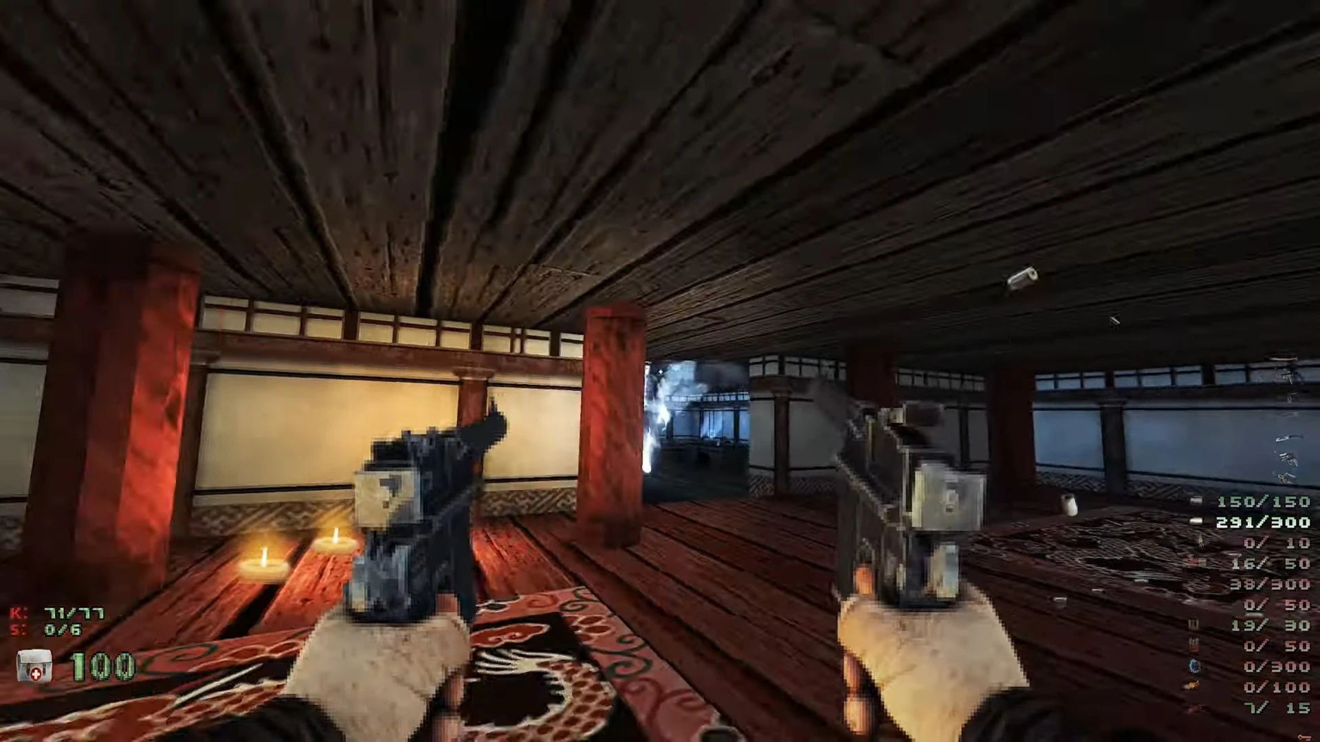 Vista en primera persona disparando dos pistolas dentro de un palacio de madera con pilares rojos y velas en el mod Venturous de Doom II