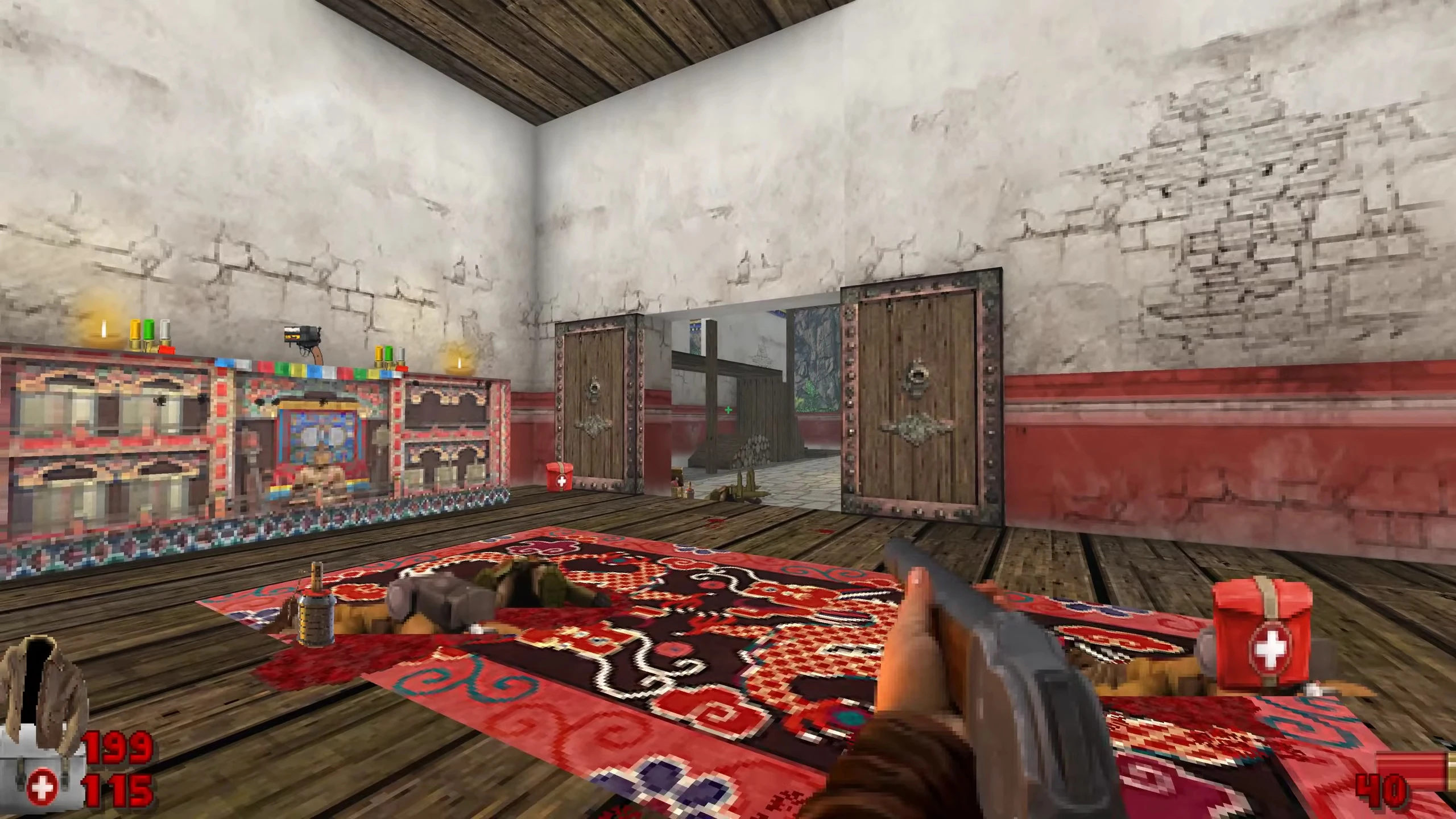 Vista interior con suelo de madera, armarios coloridos, paredes detalladas y escopeta en mano del mod Venturous de Doom II