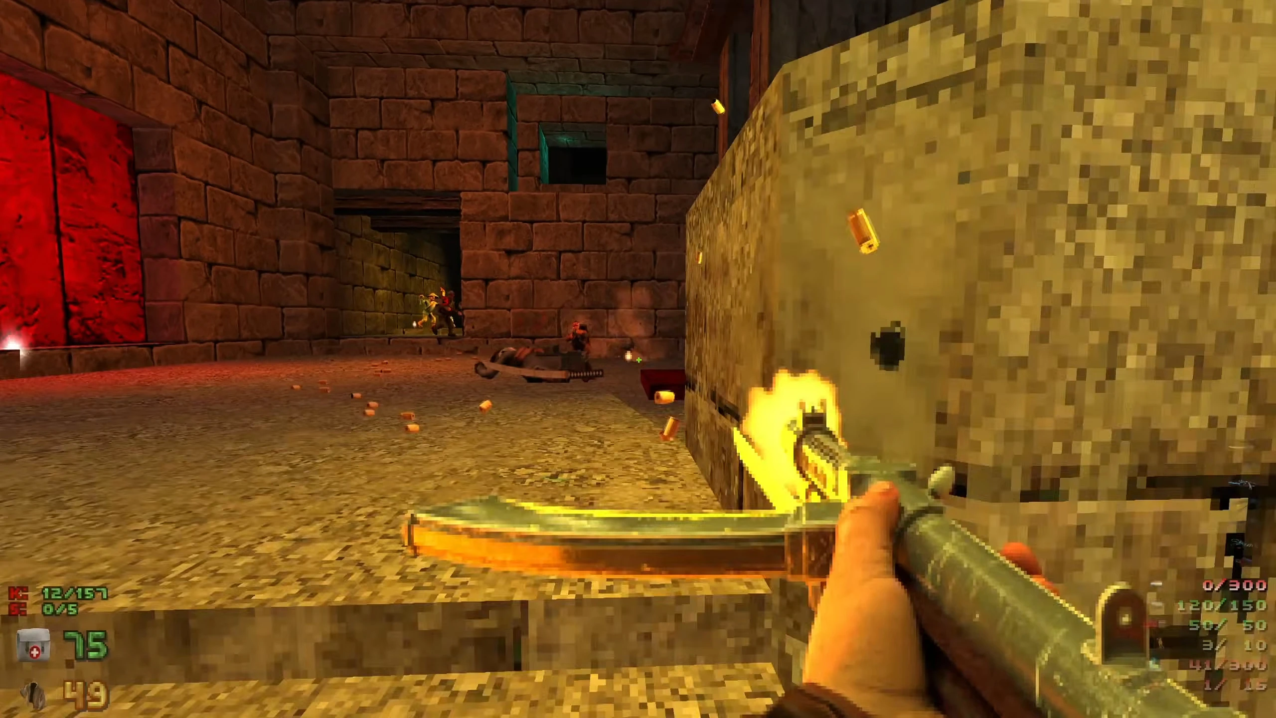 Vista en primera persona de disparos y enemigos en un pasillo de paredes de ladrillo en el mod Venturous de Doom II
