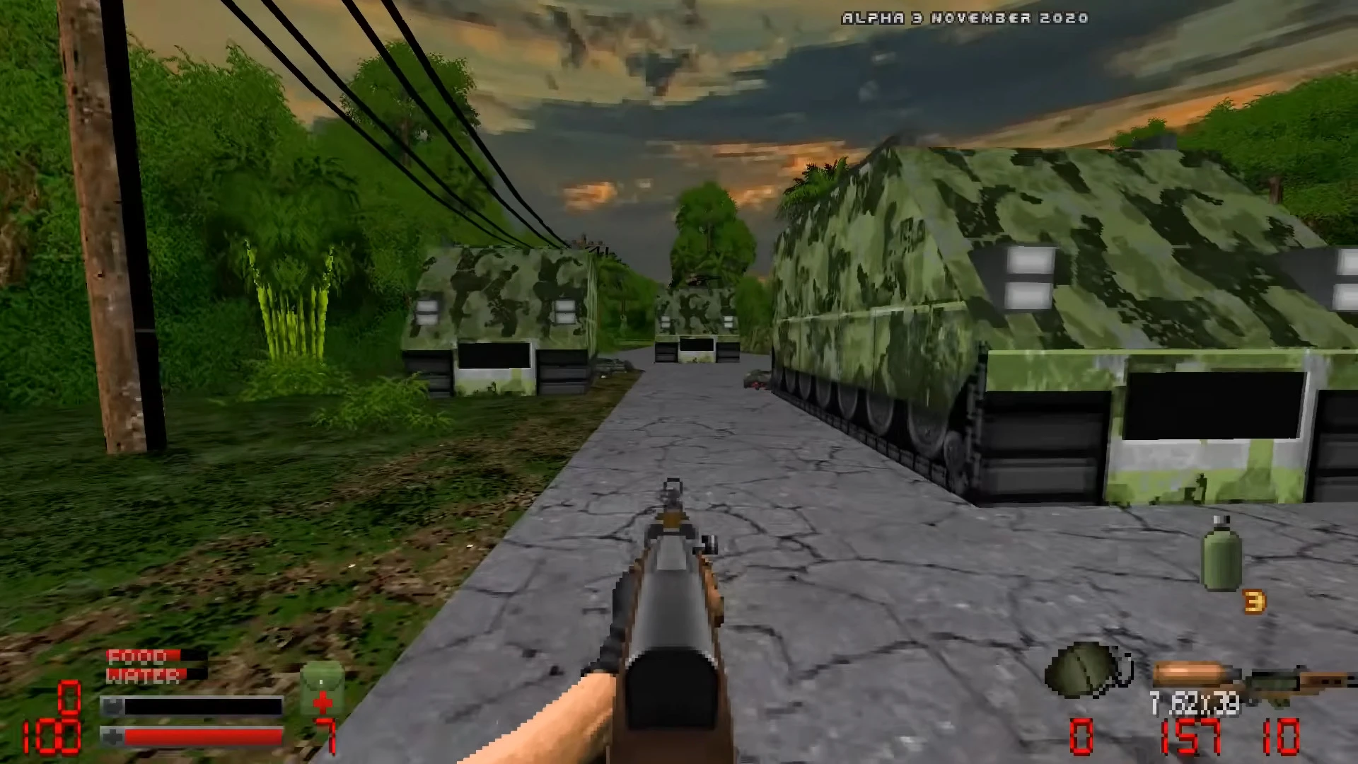 First-person view of a soldier aiming a rifle towards camouflaged military vehicles on cracked pavement in VietDOOM mod